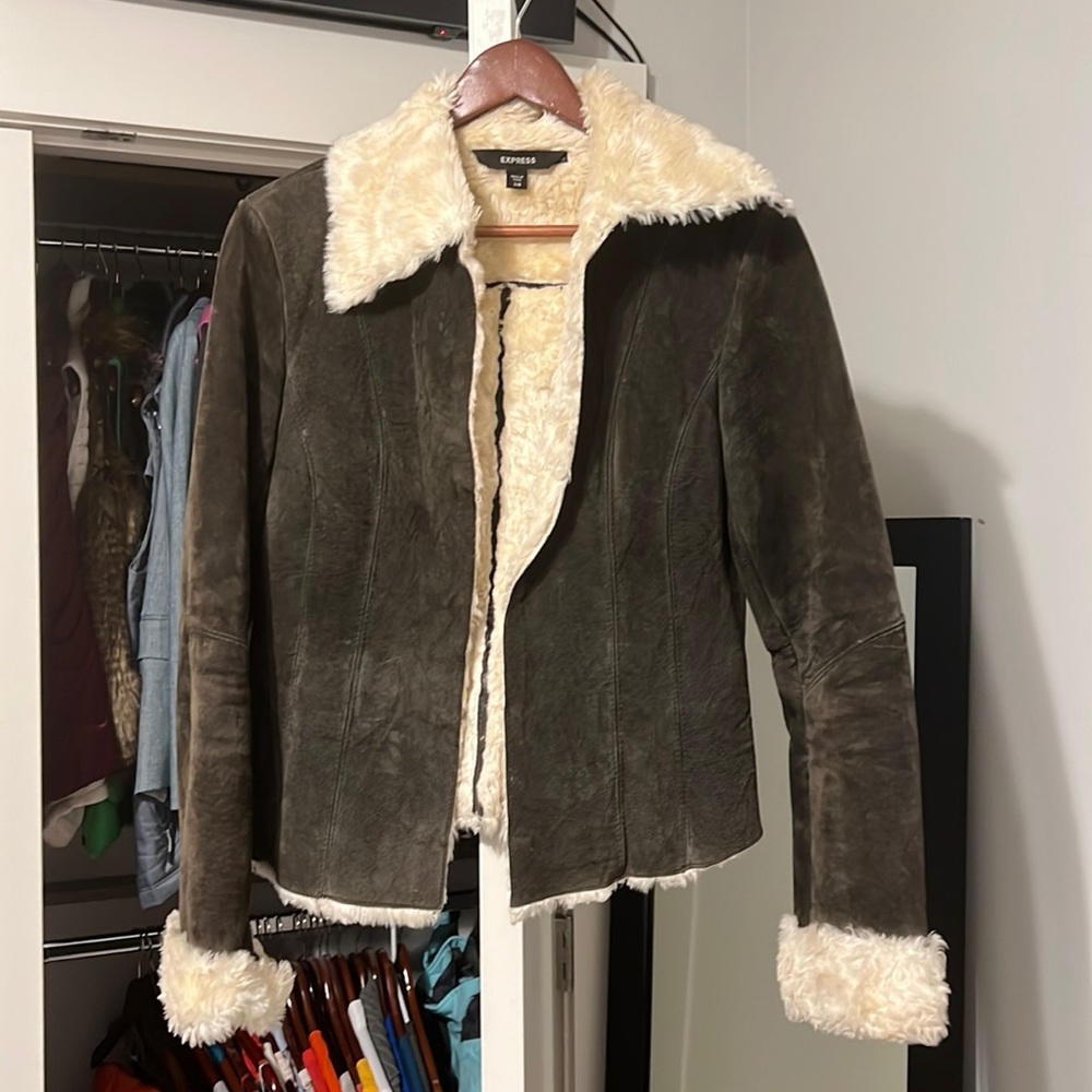 Faux fur dark brown leather jacket
